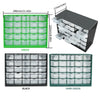 Wall-mounted parts organizer with drawers in green, black, and dark green colors.