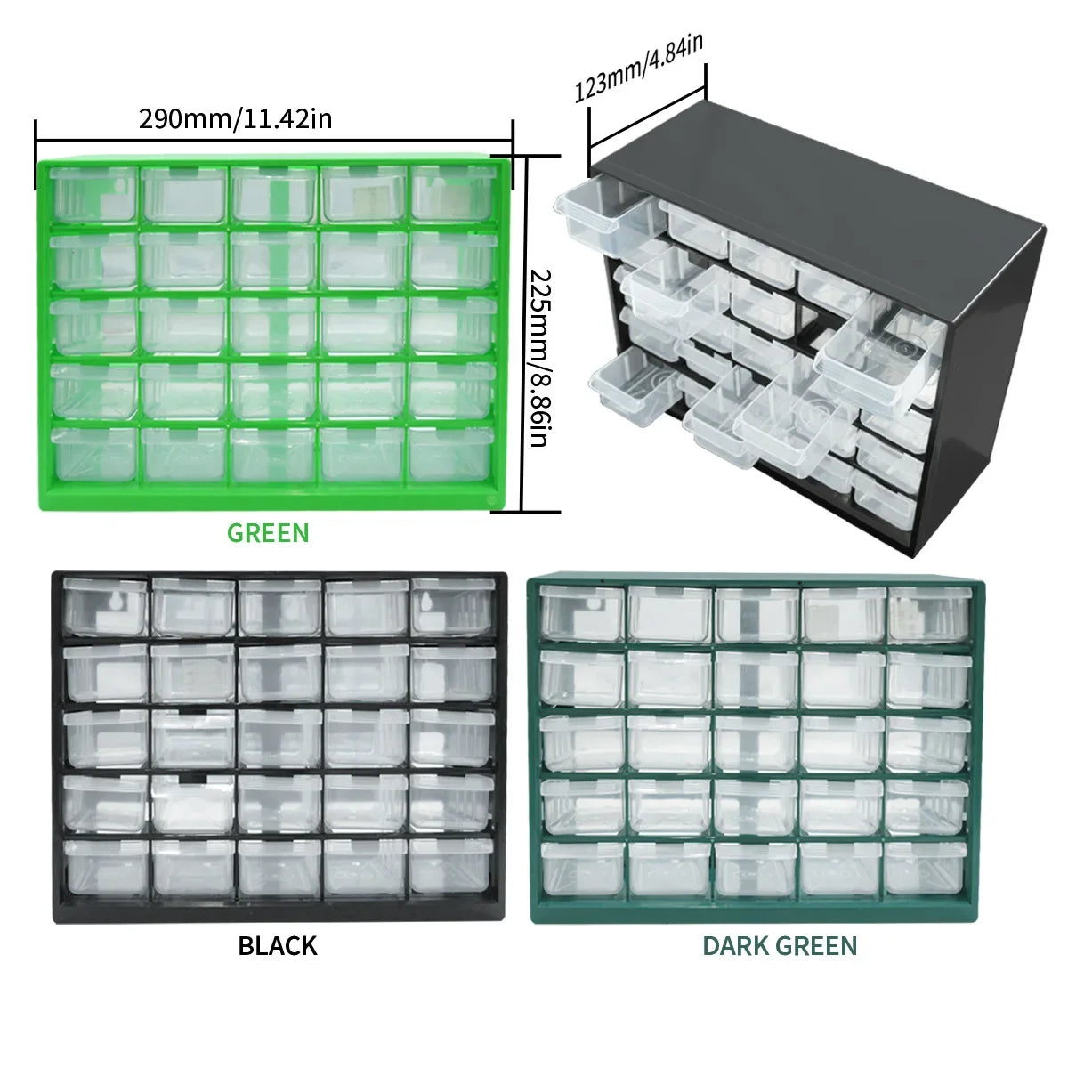 Wall-mounted parts organizer with drawers in green, black, and dark green colors.