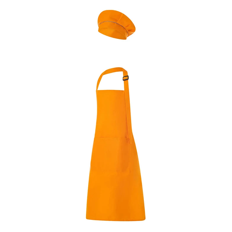 Orange kids craft apron and chef hat set with an adjustable neck strap