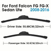 Set of two black wiper blades for a Ford Falcon FG/FG-X Sedan Ute, one driver side and one passenger side.