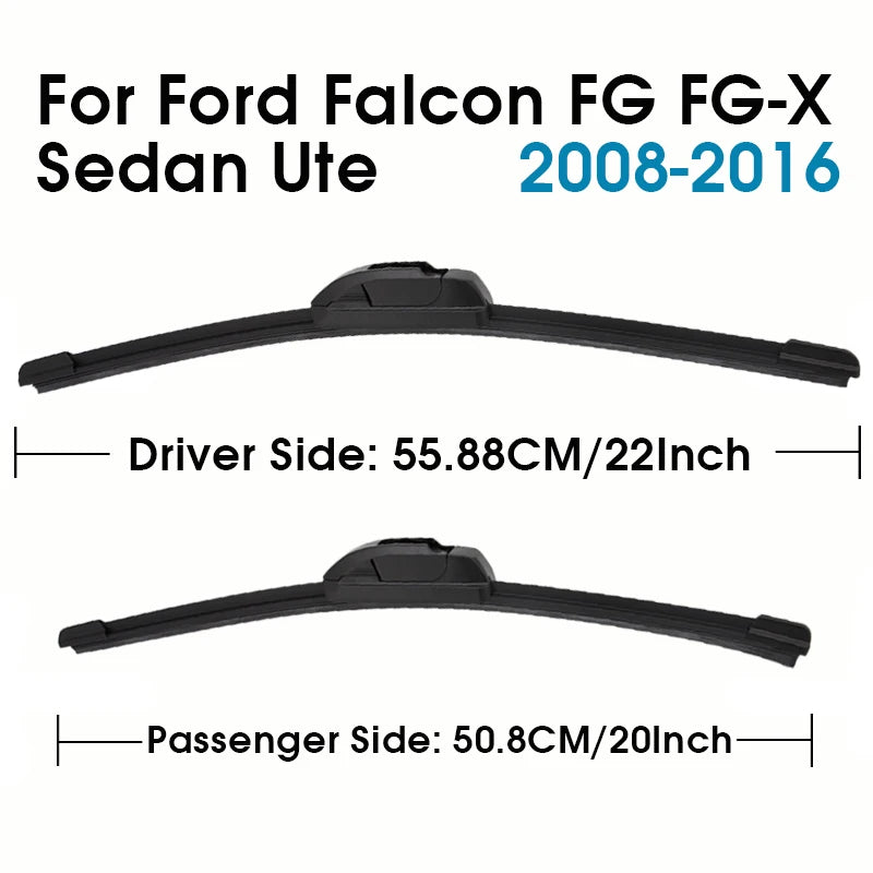 Set of two black wiper blades for a Ford Falcon FG/FG-X Sedan Ute, one driver side and one passenger side.
