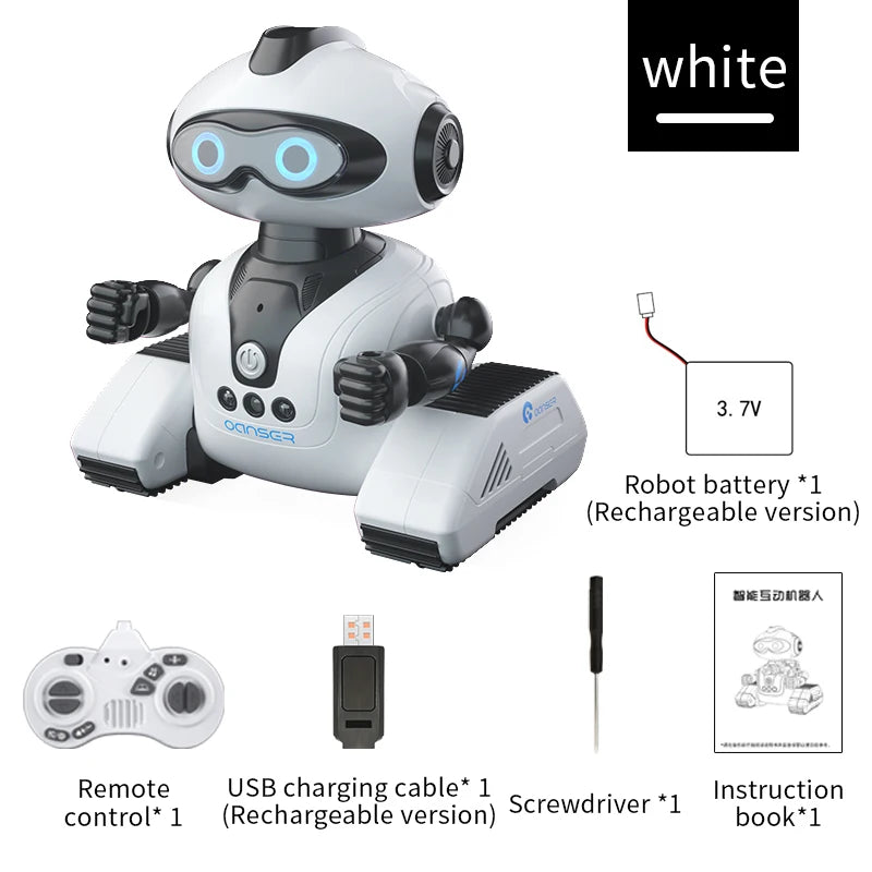 A white interactive gesture-controlled robot toy with a head, body, arms, and a battery pack shown next to accessories.