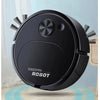 A black Sweepin Robot vacuum cleaner is shown on a light wooden floor with circular cleaning paths visible.
