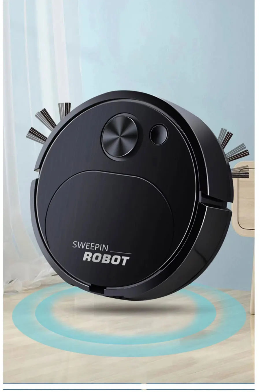 A black Sweepin Robot vacuum cleaner is shown on a light wooden floor with circular cleaning paths visible.