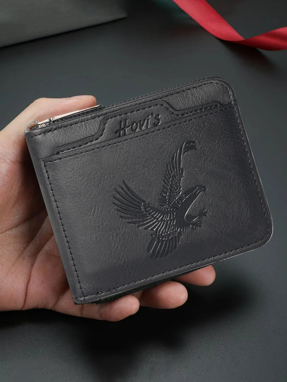 HOVIS Men's Slim Leather Wallet with Eagle Emboss and Zip Closure