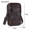 A dark brown vintage genuine cowhide leather crossbody sling bag with a zippered pocket and adjustable strap.