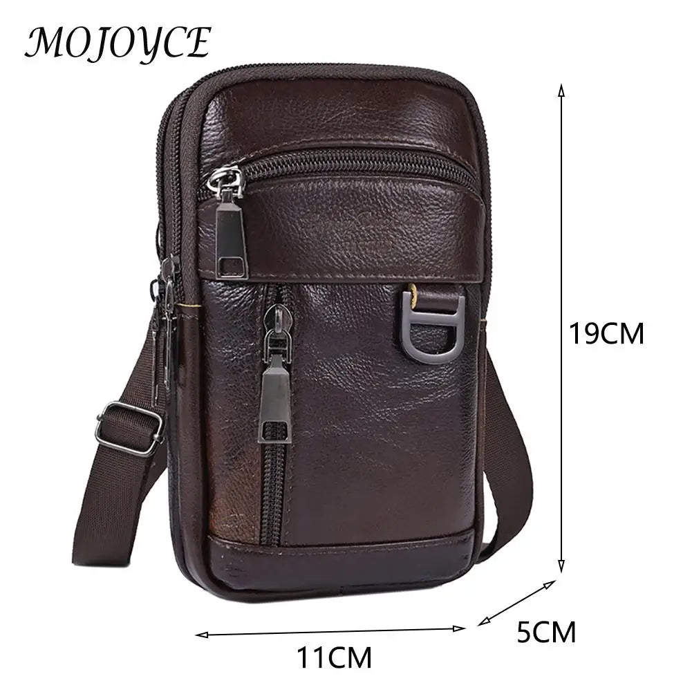 A dark brown vintage genuine cowhide leather crossbody sling bag with a zippered pocket and adjustable strap.