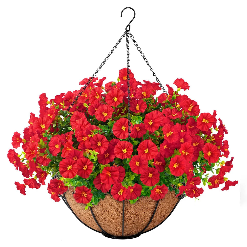 Artificial hanging morning glory flowers in red bloom from a woven basket