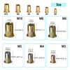 A set of manual rivet nut tools showing various sizes M3 through M10 with corresponding dimensions.