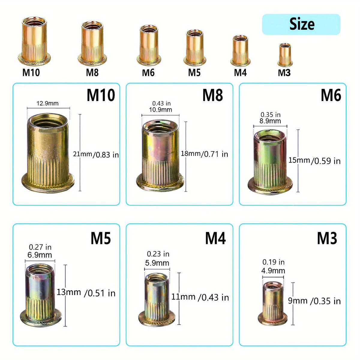 A set of manual rivet nut tools showing various sizes M3 through M10 with corresponding dimensions.