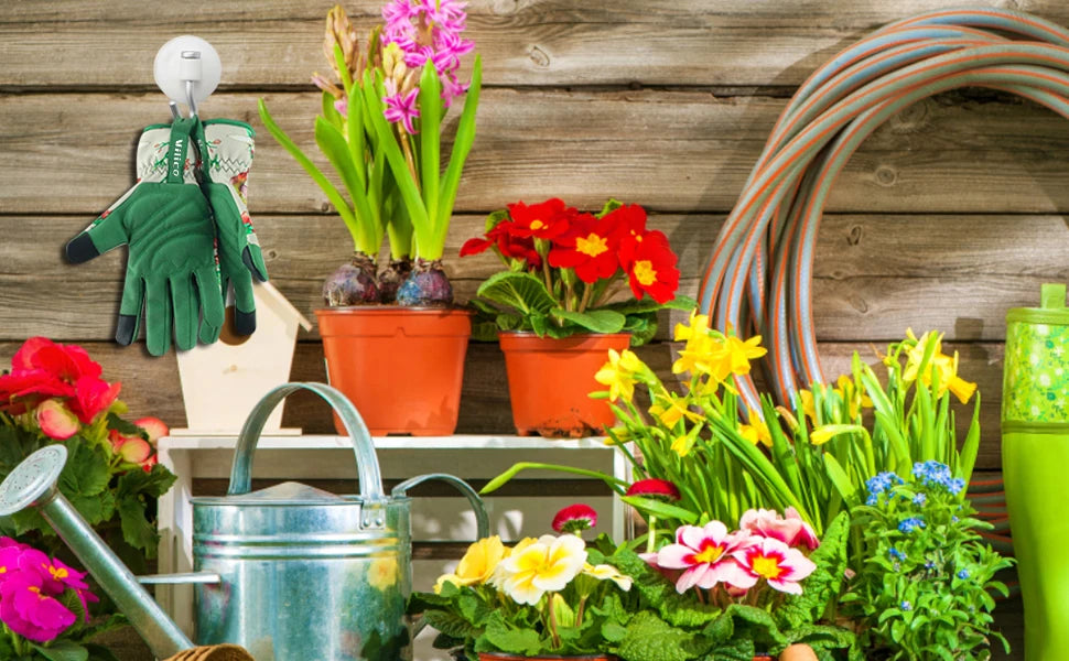 A collection of gardening tools, including leather gloves, potted flowers, and a metal watering can on a wooden surface.