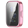 A pink Amazfit Bip 5 Unity watch with a clear protective TPU case.