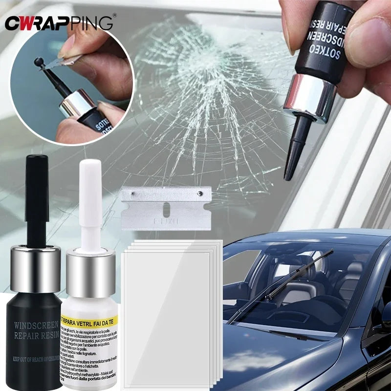 A kit for DIY windshield repair featuring a syringe applicator and resin for repairing cracks in glass.