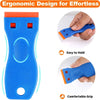 Blue plastic razor scraper tool with orange accents showing easy to hold and comfortable grip features