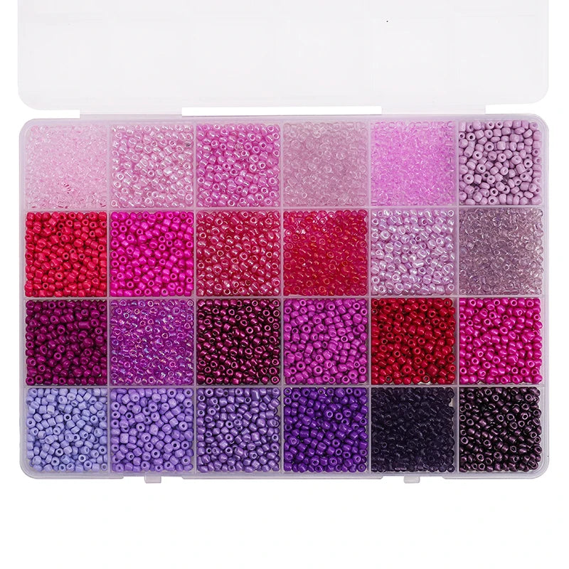 A storage box filled with various colors of 3mm acrylic rice beads arranged in a grid.