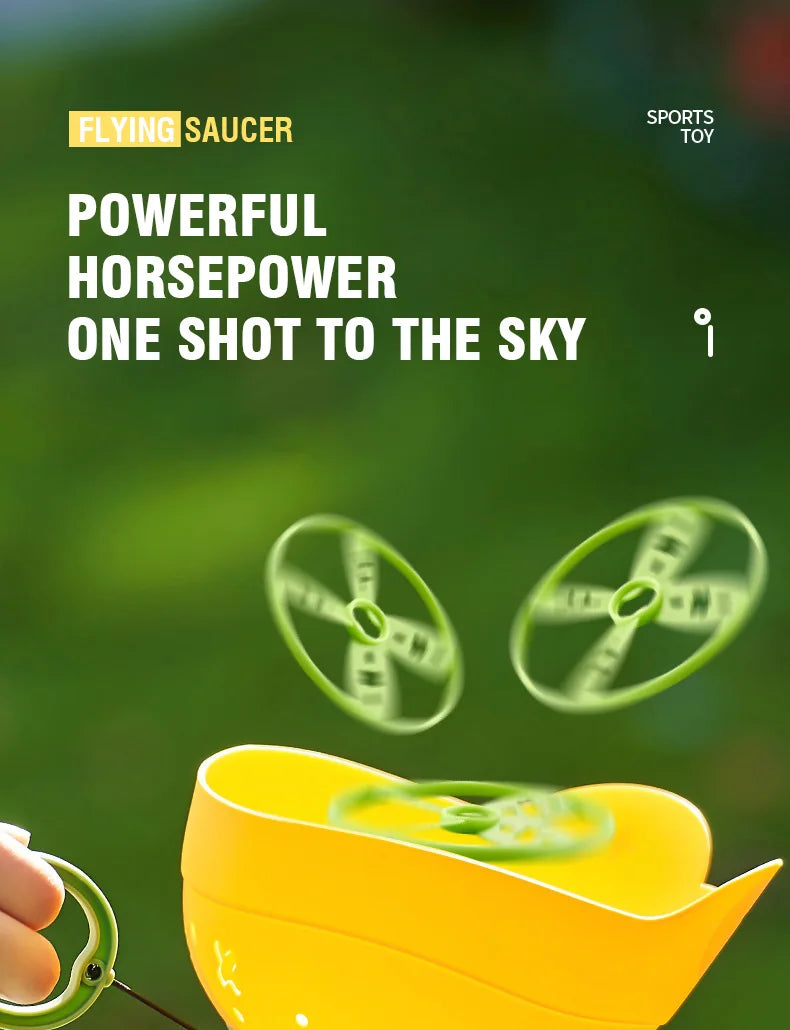 A yellow flying saucer toy is shown launching a green pull-string object into the air.