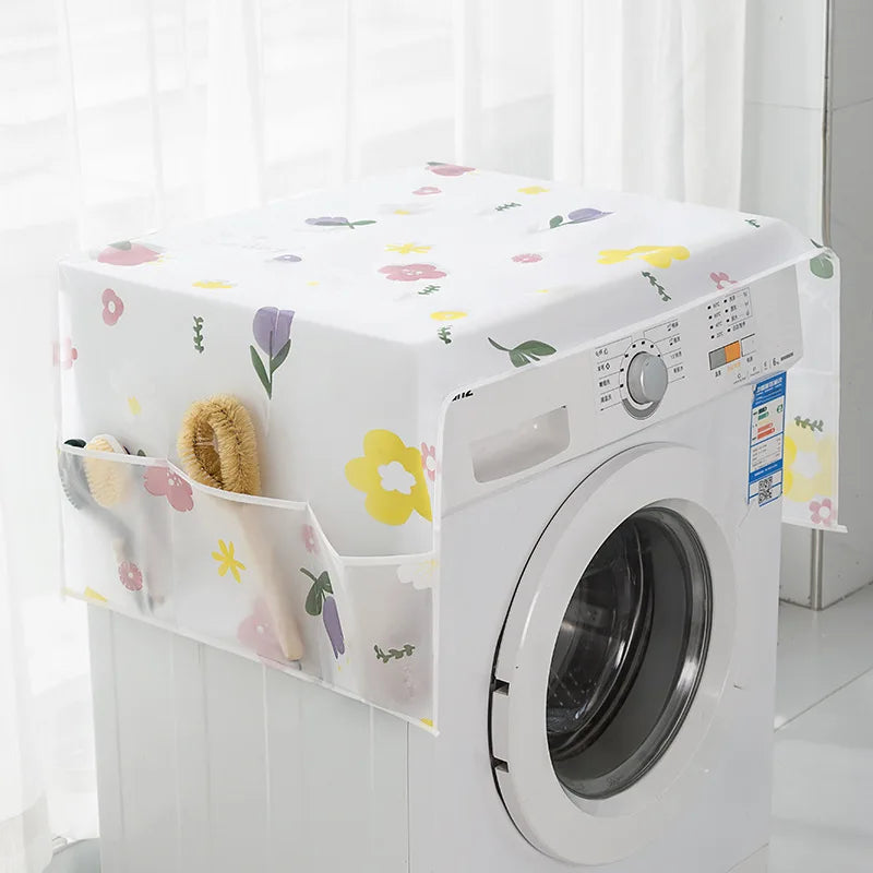 White refrigerator dust cover with floral pattern and storage pockets