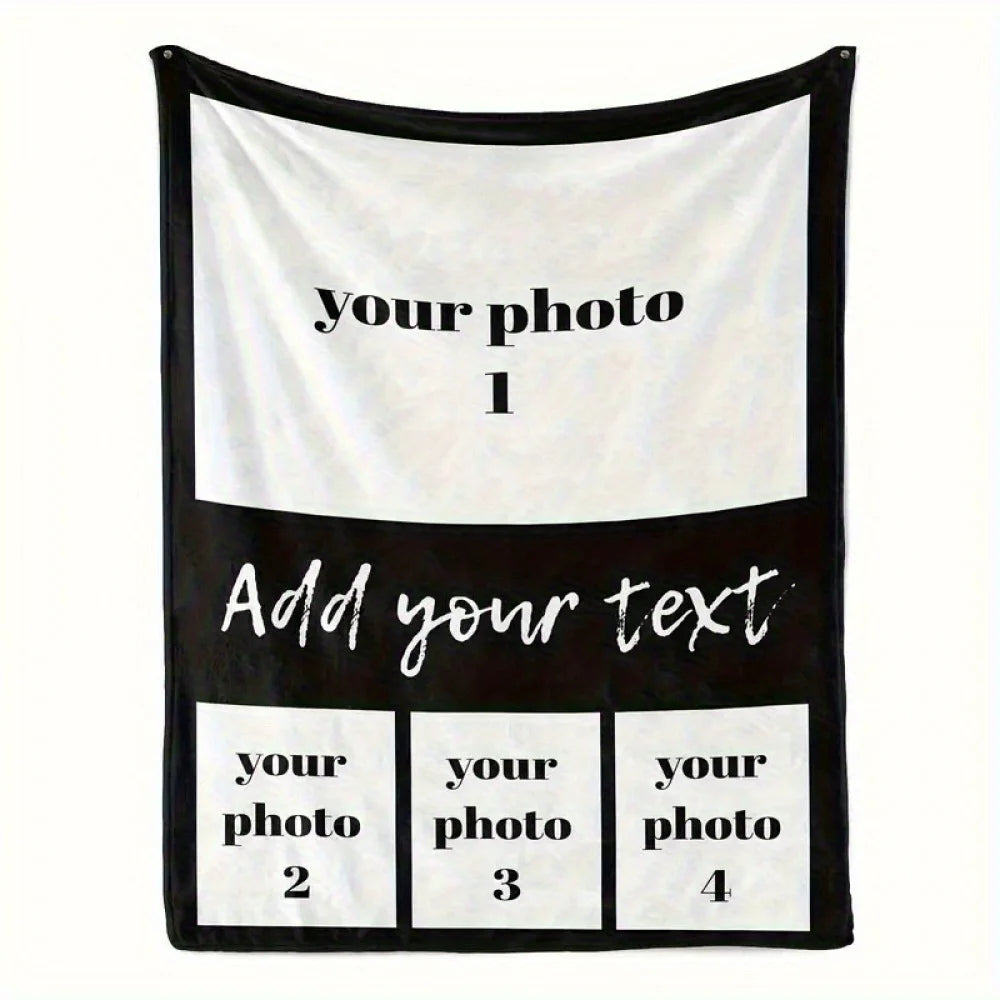 Couverture en tricot noir et blanc avec quatre emplacements pour photos personnelles.