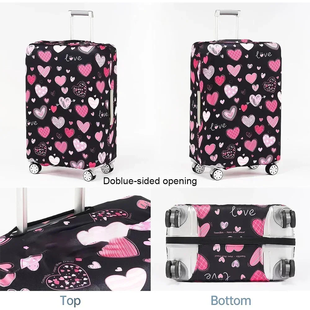 A black suitcase protector cover with a pink and black heart pattern shown from the top and bottom views.