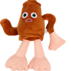 A brown shark plush toy with large green eyes and pink feet.