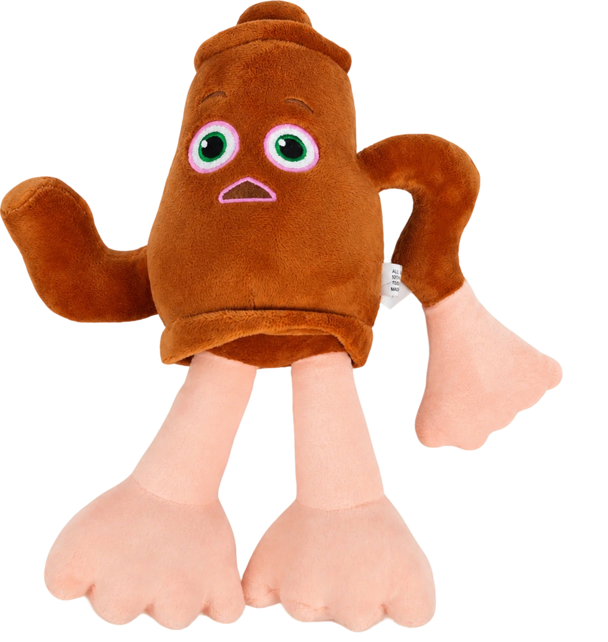 A brown shark plush toy with large green eyes and pink feet.