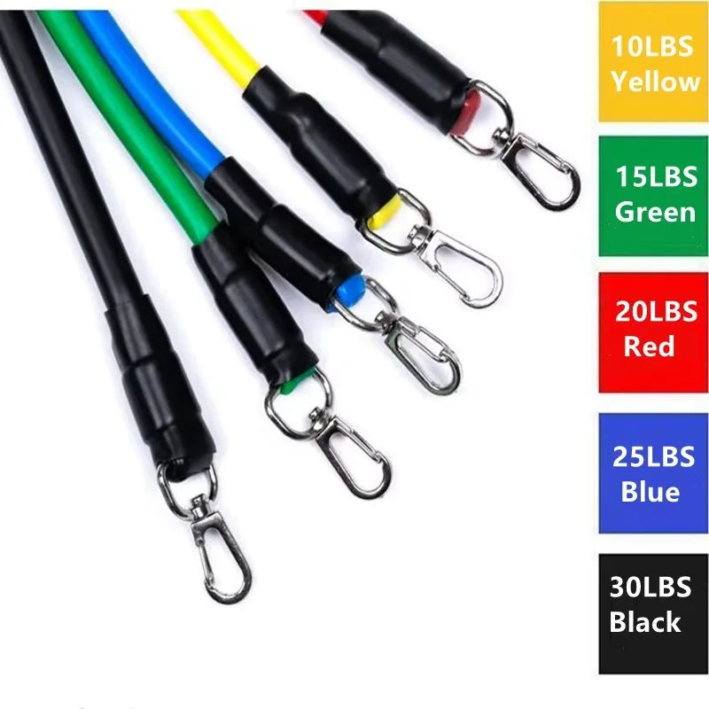 Un juego de 11 bandas de resistencia con asas y anclajes para puerta en varios colores: amarillo, verde, rojo, azul y negro.