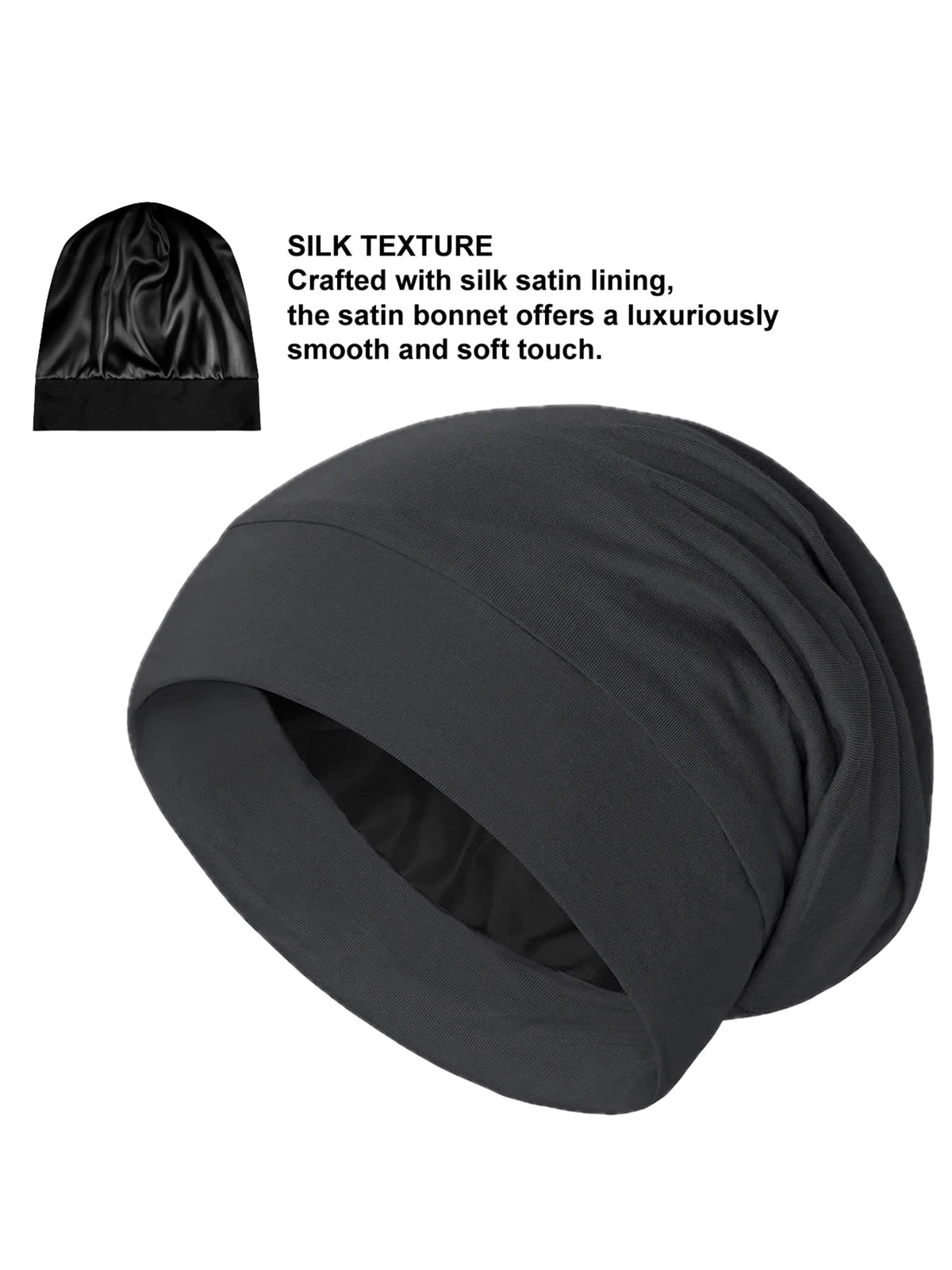 A black silk satin sleep bonnet shown in a rolled or gathered style.