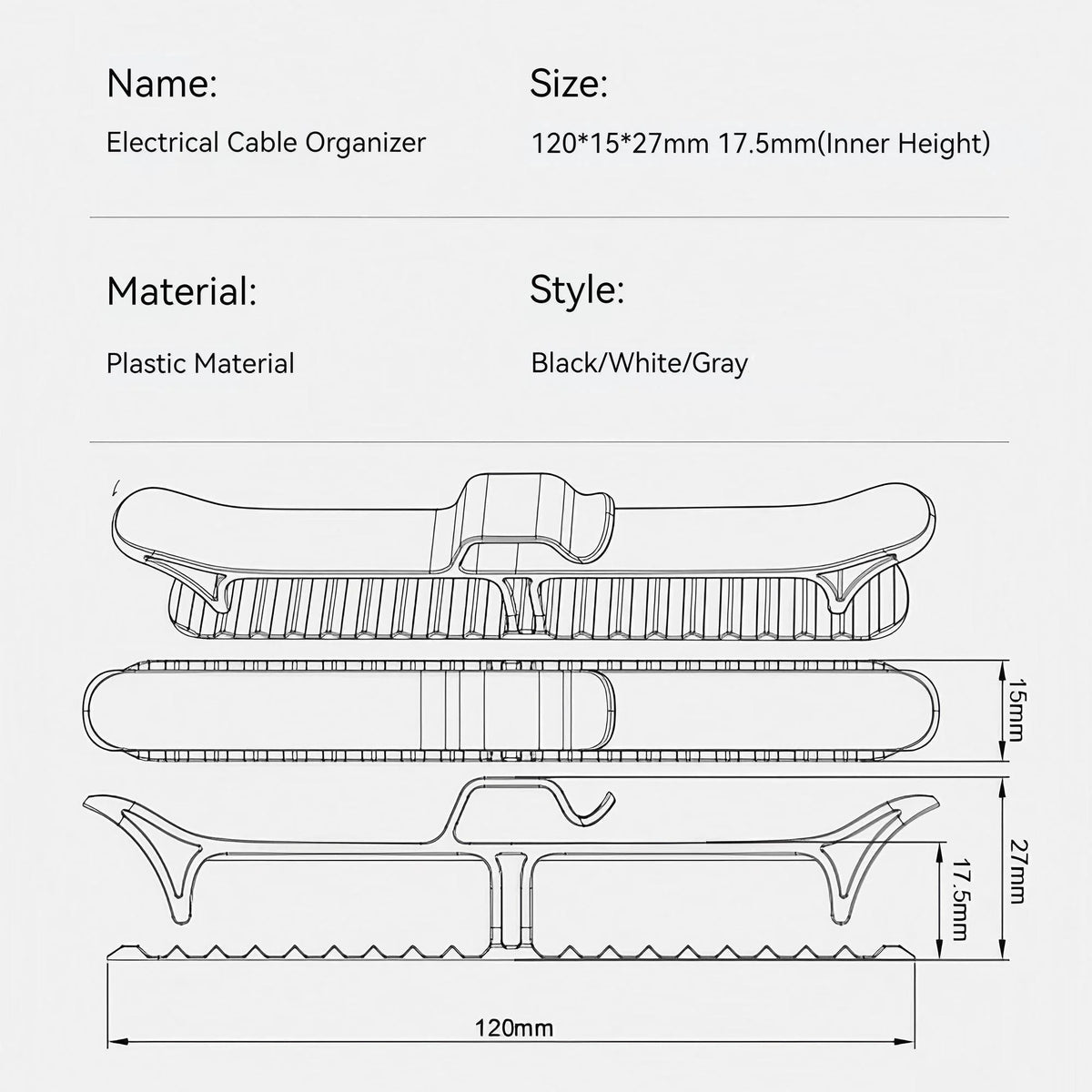 Diagram showing the dimensions and profile of a plastic electrical cable organizer for mounting.