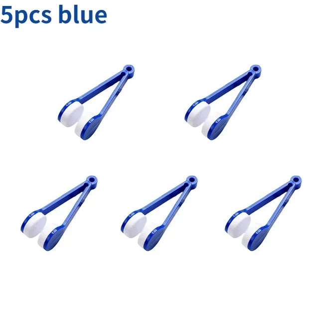 Five blue portable double-sided glasses cleaning brushes with microfiber pads shown from various angles.