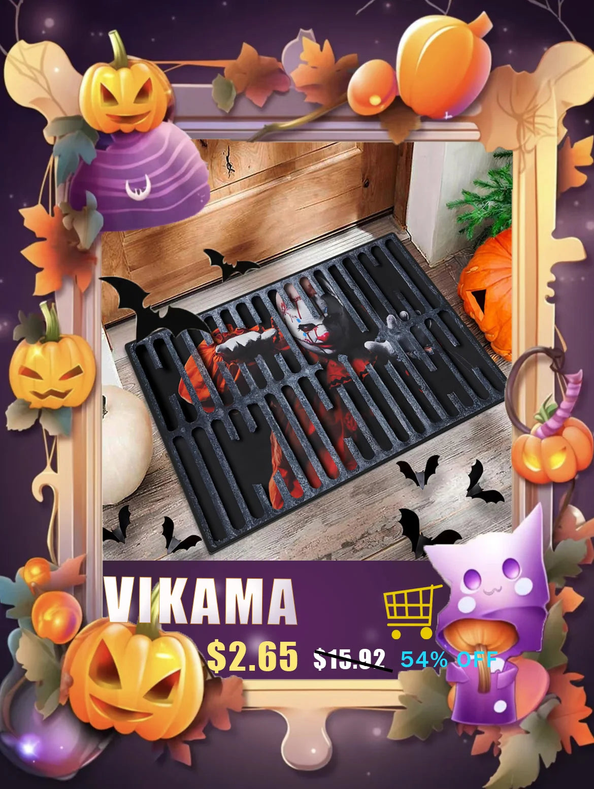 Halloween spider web decorative rug featuring a ghost design and carved pumpkins.