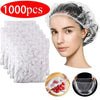A woman is shown wearing a disposable shower cap with an elastic edge, next to a stack of 100 caps and usage demonstration.
