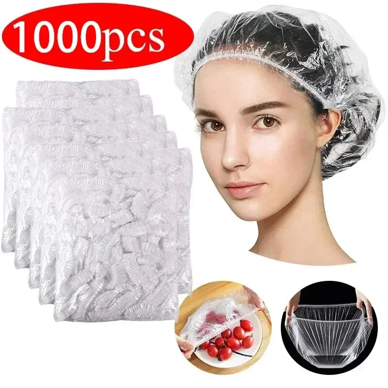 A woman is shown wearing a disposable shower cap with an elastic edge, next to a stack of 100 caps and usage demonstration.