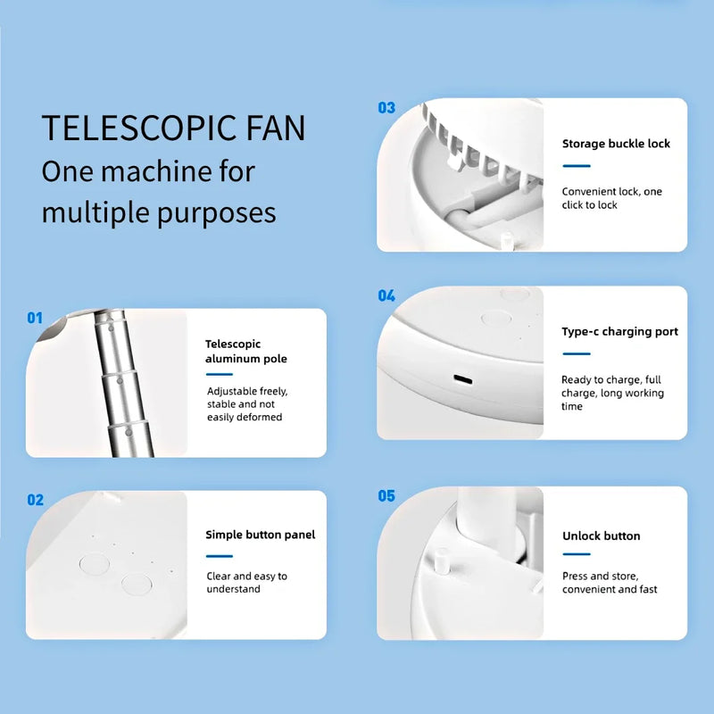 Ventilateur de bureau télescopique télécommandé avec lampe LED