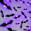 A wall covered in black bat silhouettes illuminated by purple LED lights for Halloween decor