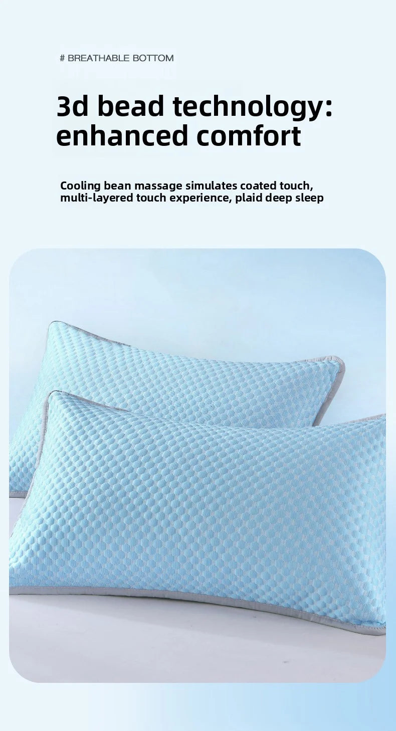 A light blue, textured pillow is shown resting on a white surface.