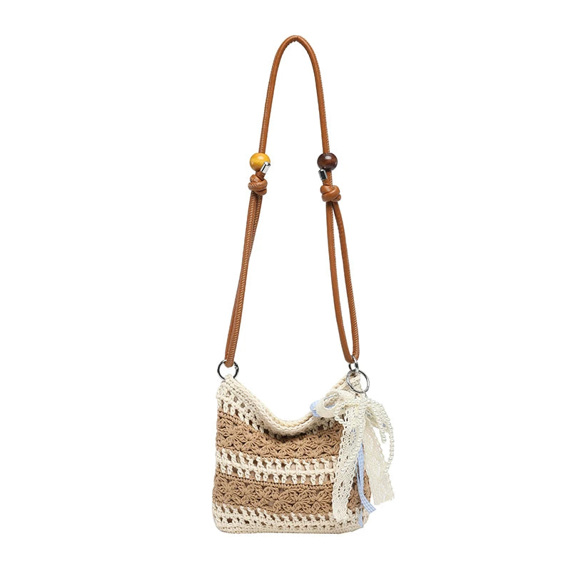 Boho Crochet Straw Shoulder Bag with Ribbon Bow