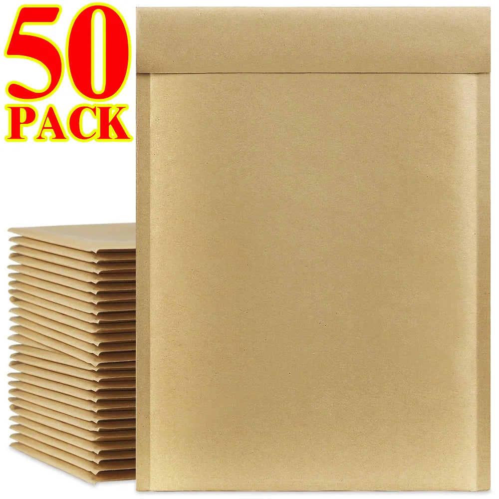 A stack of 50 kraft brown bubble mailers with self-seal adhesive.