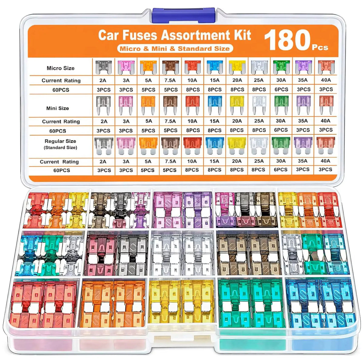Kit variado de 180 fusibles de coche en tamaños micro, mini y estándar, empaquetados en recipientes de plástico transparente.