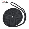 Black double braid nylon dock lines coiled and displayed against a white background.