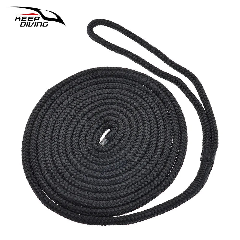 Black double braid nylon dock lines coiled and displayed against a white background.