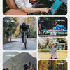 A collage showing various outdoor activities like driving, cycling, camping, travel, climbing, and fishing.