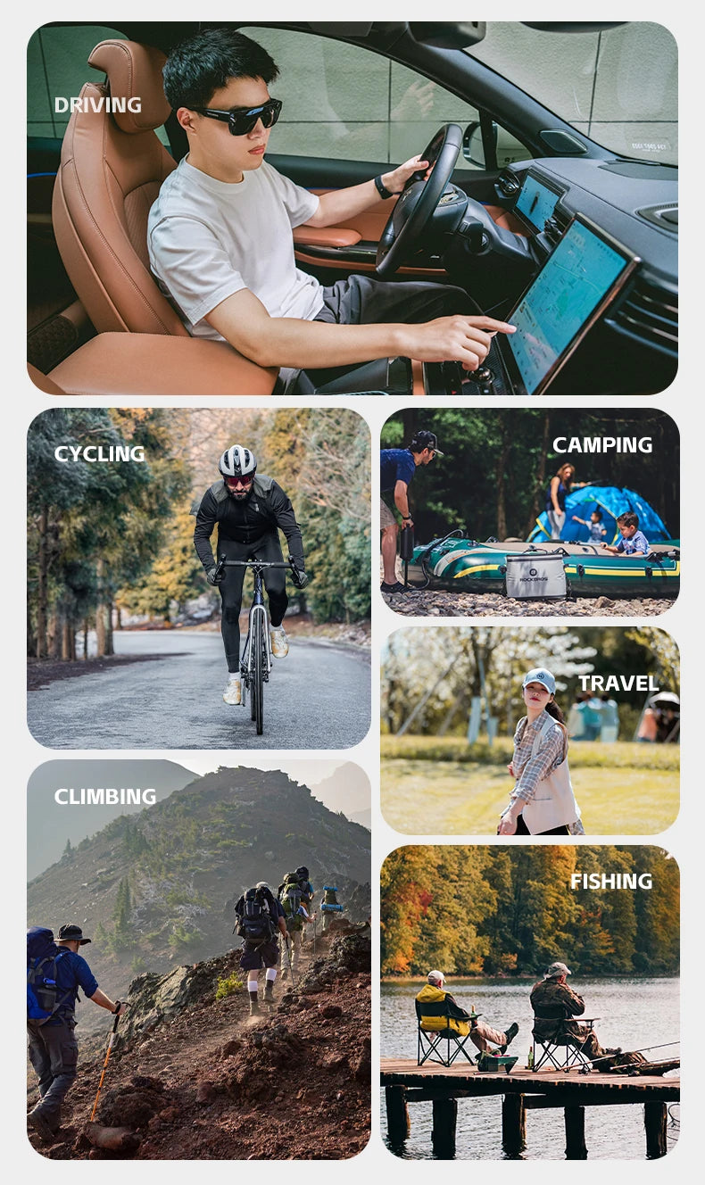 A collage showing various outdoor activities like driving, cycling, camping, travel, climbing, and fishing.