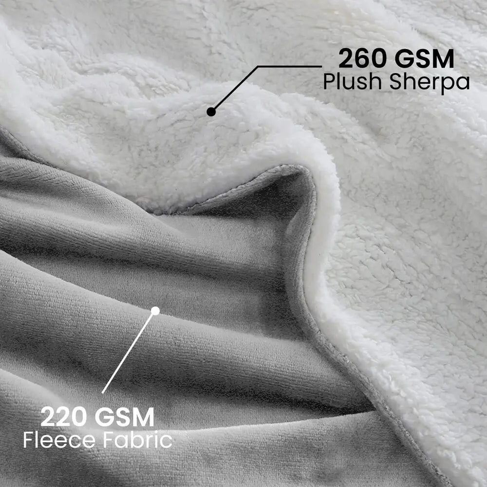 Primer plano de tela de forro gris con ribete y costuras de sherpa blanca peluda.