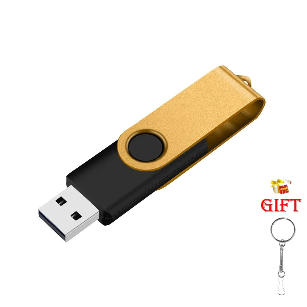 A gold-colored portable USB 2.0 flash drive with a metal keyring attached.