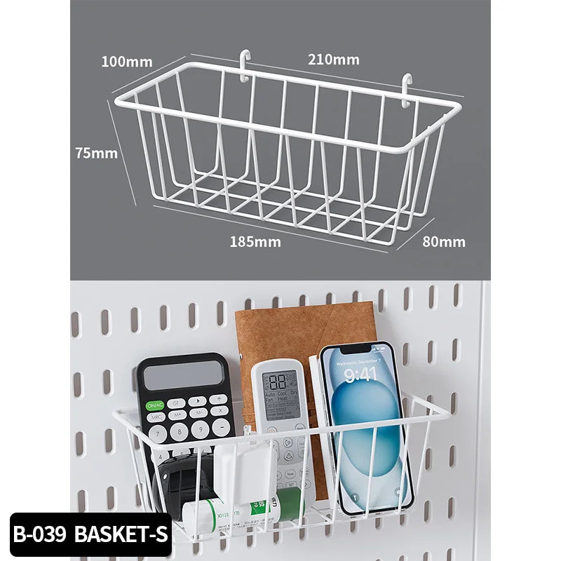 A white desktop pegboard organizer basket with hooks and shelves holding a smartphone and other items.
