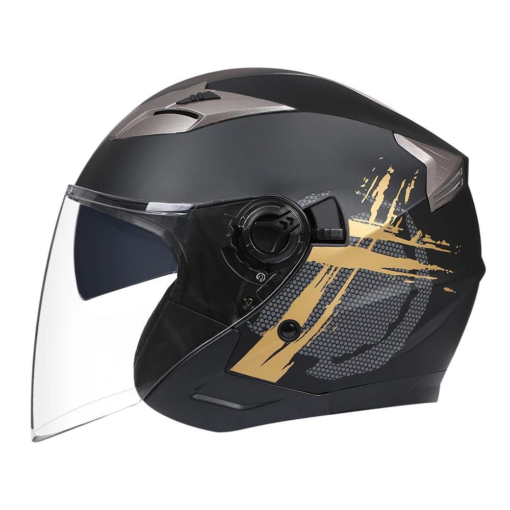 A black vintage open-face motorcycle helmet with a clear visor and gold accents.