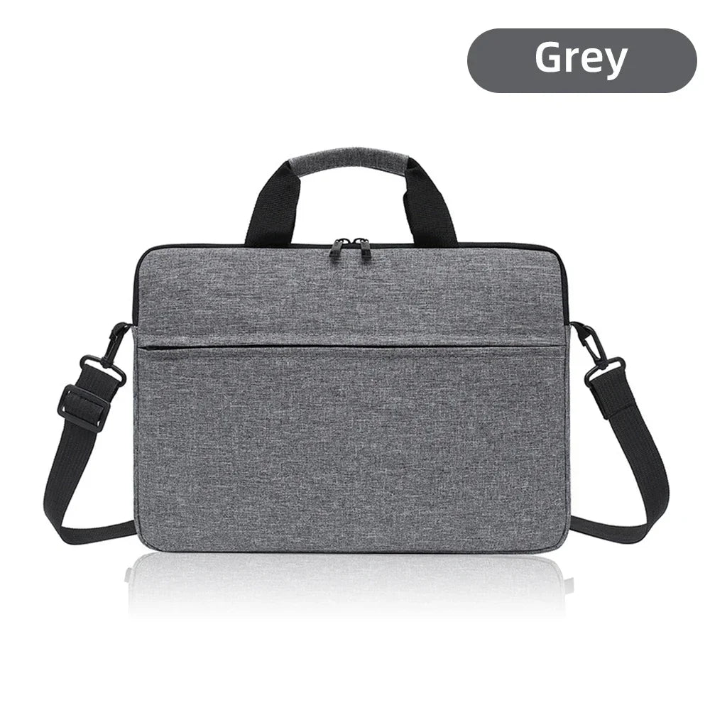 Graue Premium-Laptop-Messenger-Tasche mit schwarzen Riemen und gepolstertem Design.