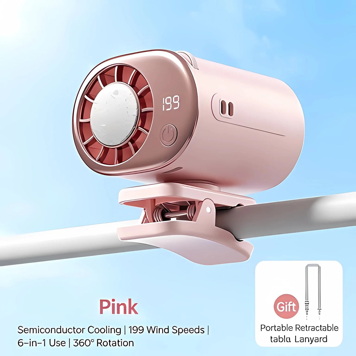Pink semiconductor cooling fan with 199 wind speeds mounted on a clip-on lanyard.
