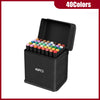 A black storage case containing 40 alcohol art markers in various colors.