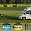 A white RV is shown with four storage bags for hose, accessories, water, and electric gear.